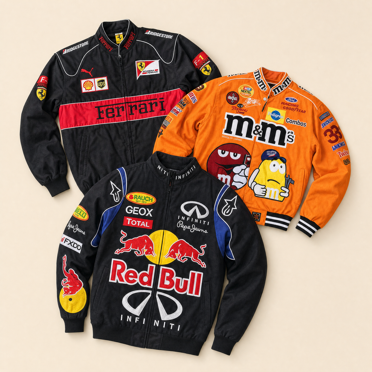 Chaqueta Nascar vintage estilo racing, parches bordados de equipos y patrocinadores